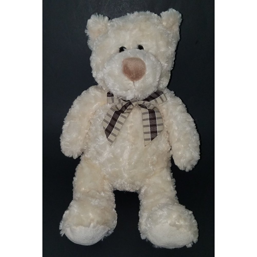 Kellytoy White Rosette Bear Plush Lovey 13" Brown Plaid Bow Stuffed Animal Toy